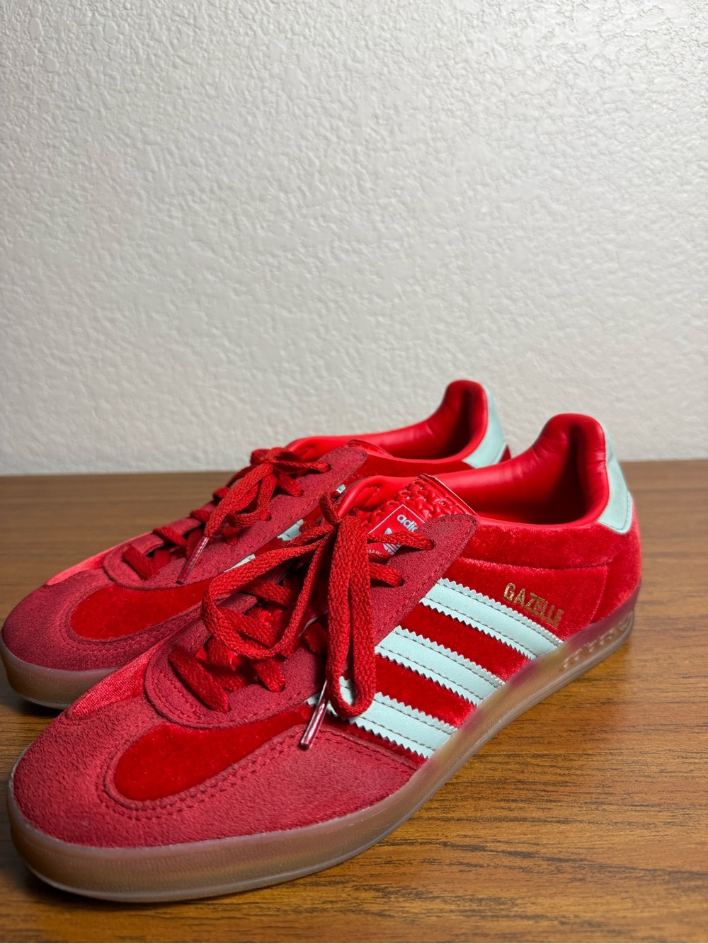 adidas Gazelle Women’s Red Suede Sneakers with White Stripes